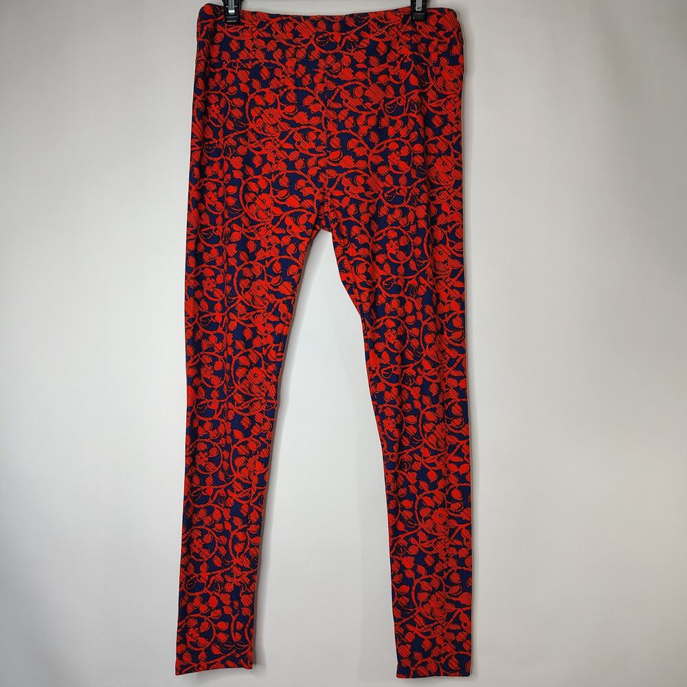 LulaRoe Leggings Womens Tall & Curvy Red Floral Print on Navy Blue Comfortable